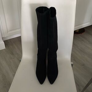 Stuart Weitzman Black Over the Knee Boots with Pointed Toe and Textured Finish